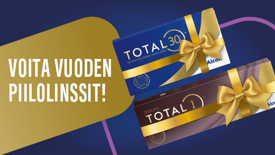 Teksti "Voita vuoden piilolinssit" ja paketoituja piilolinssipaketteja
